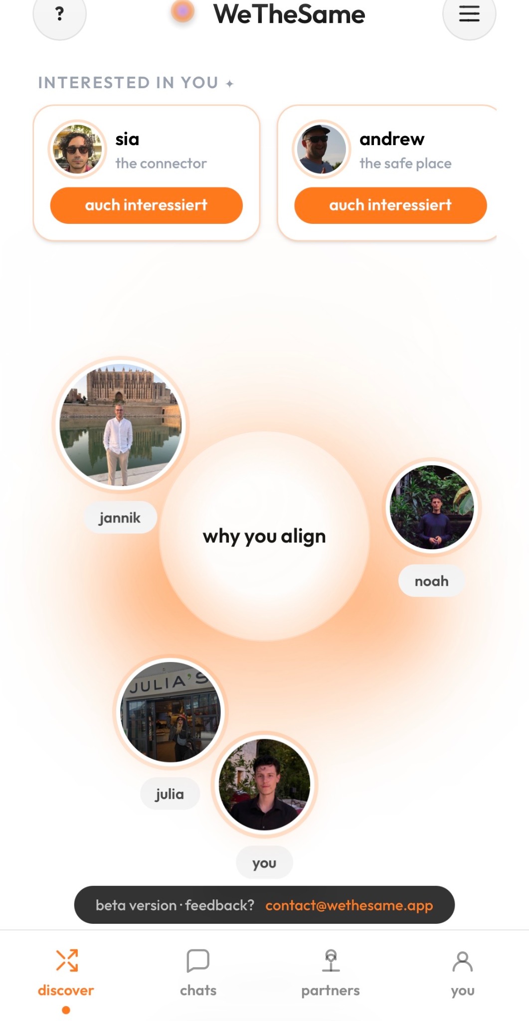 WeTheSame discover screen showing named people inside a circle